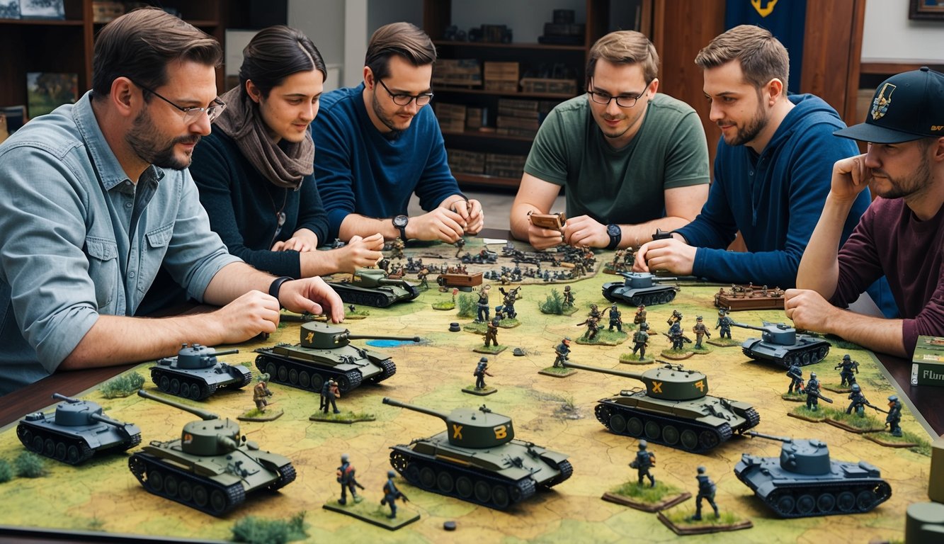 A group of gamers gather around a table, modifying historical war game pieces and discussing strategies.</p><p>Miniature tanks and soldiers are arranged on a detailed battlefield map