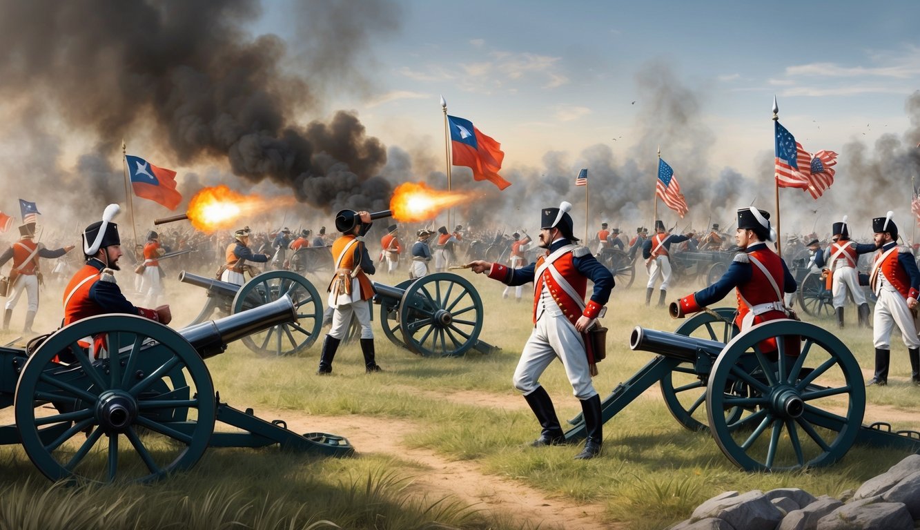 A battlefield with soldiers in historical uniforms, cannons firing, and flags waving amidst a backdrop of smoke and destruction