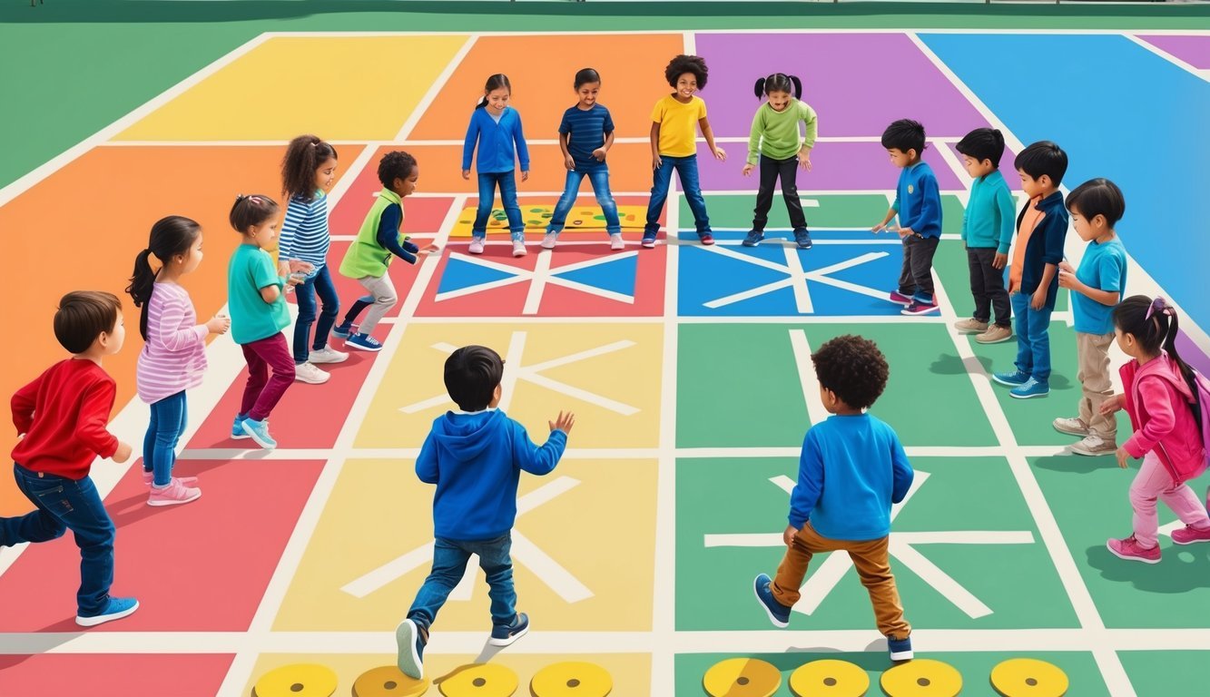 Children playing on a large, colorful hopscotch board on a playground