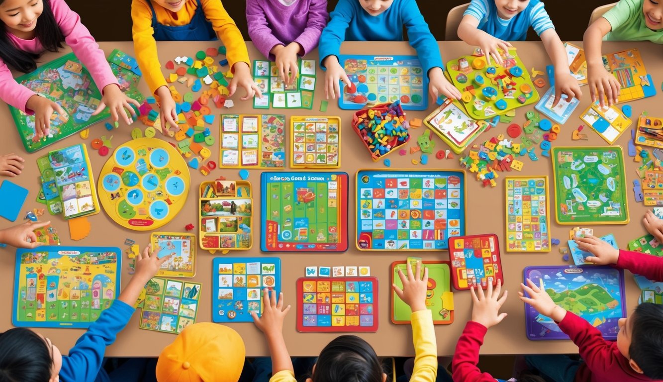A colorful array of educational games and activities spread out on a table, surrounded by eager children reaching out to play