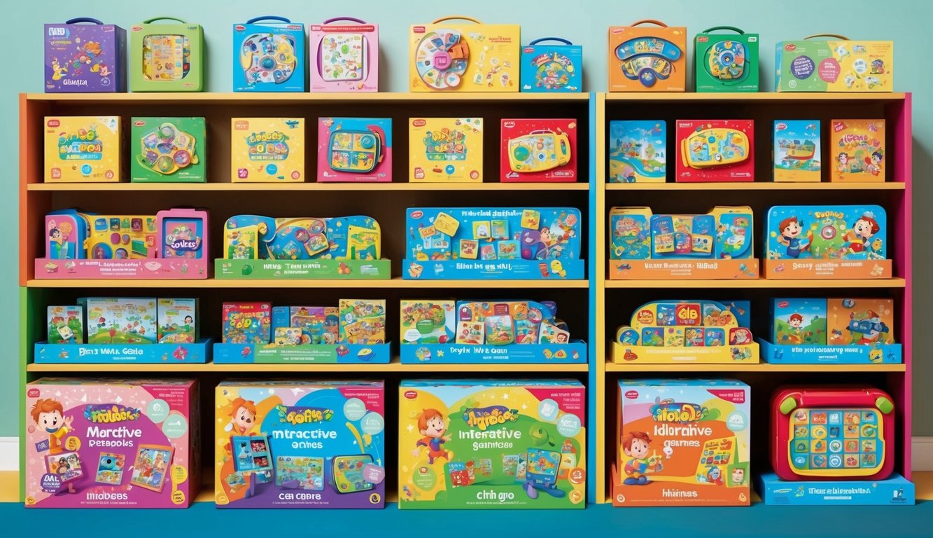 A colorful display of interactive children's games arranged by age appropriateness.</p><p>Bright graphics and playful characters adorn the packaging