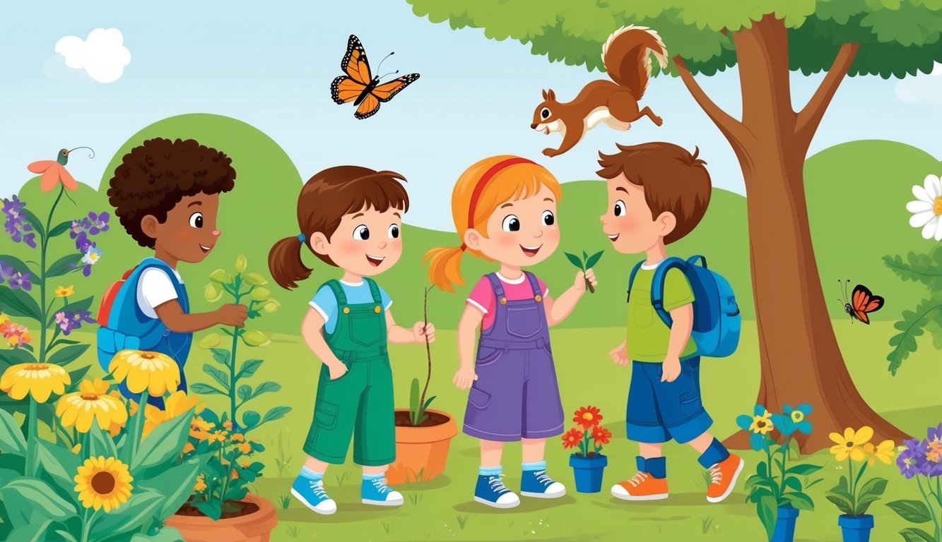 Children exploring a colorful garden, observing plants and insects.</p><p>A butterfly flutters by, while a squirrel scampers up a tree