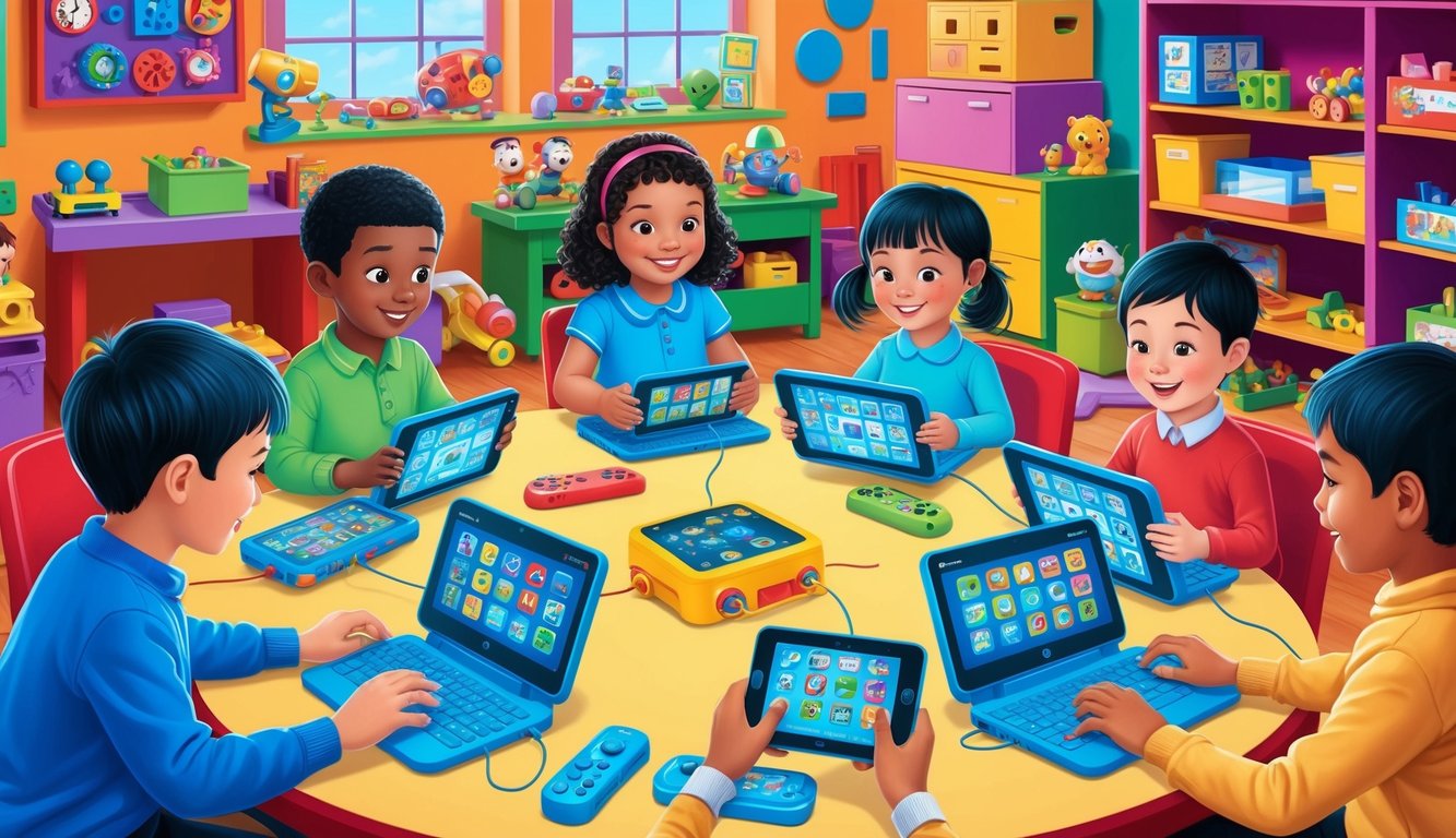 A group of children playing interactive games on various technological devices in a colorful, vibrant room filled with toys and educational materials
