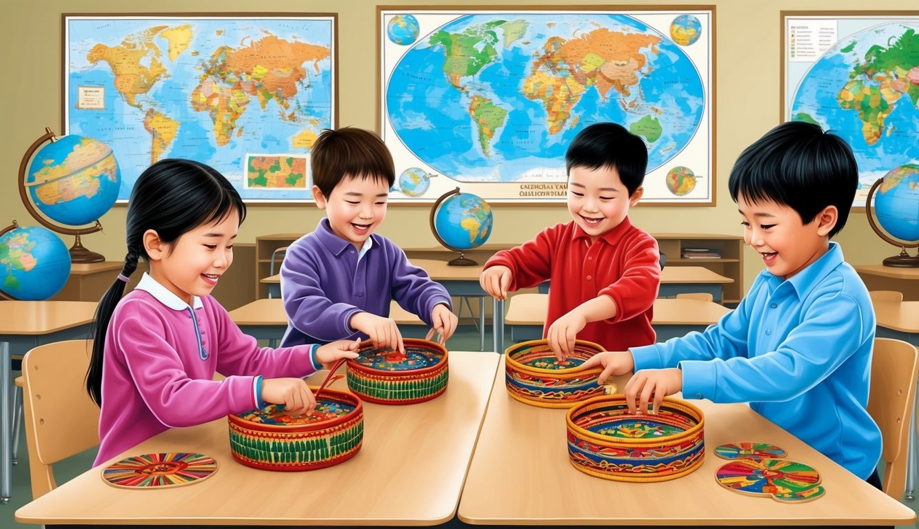 Children playing traditional cultural games in a classroom setting with maps and globes in the background
