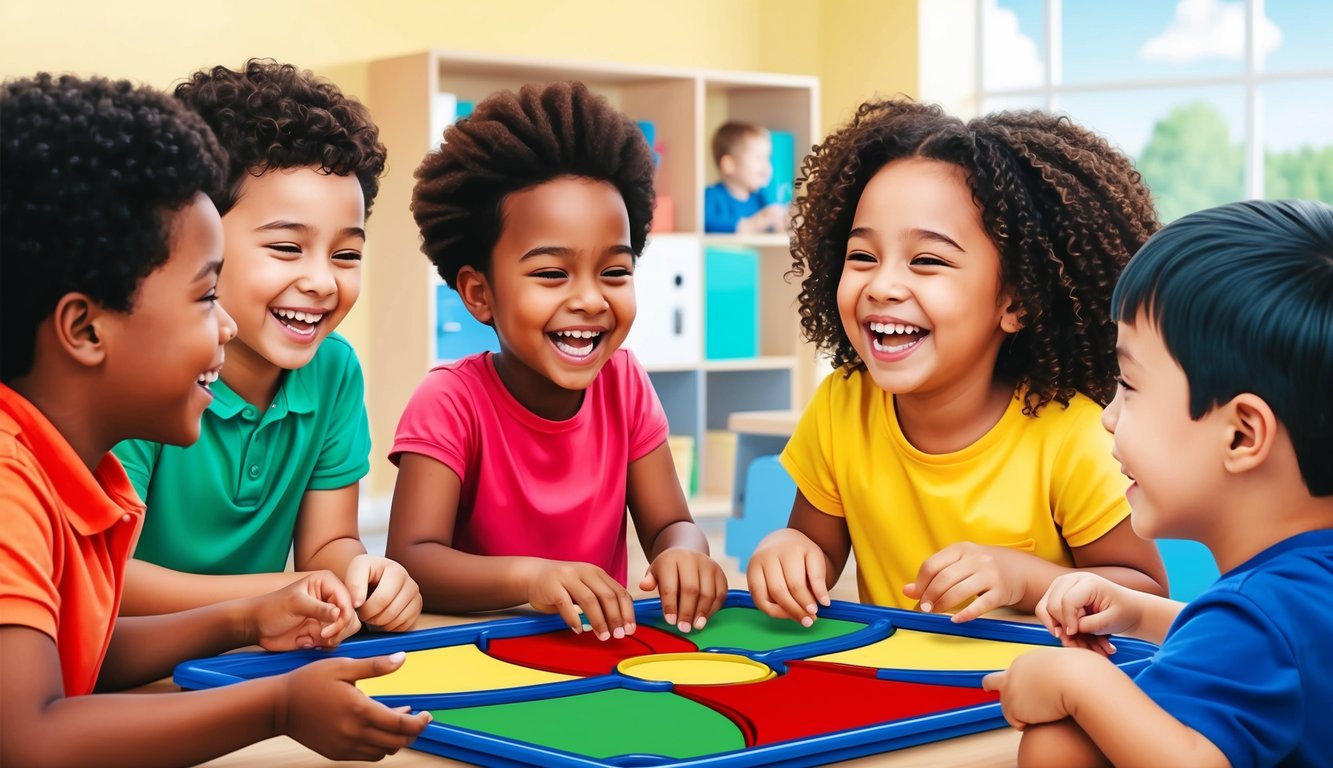 Children engaged in a group activity, laughing and smiling as they play together, sharing and learning important emotional skills through interactive games