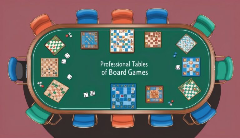 Overhead view of a table with various board games and dice