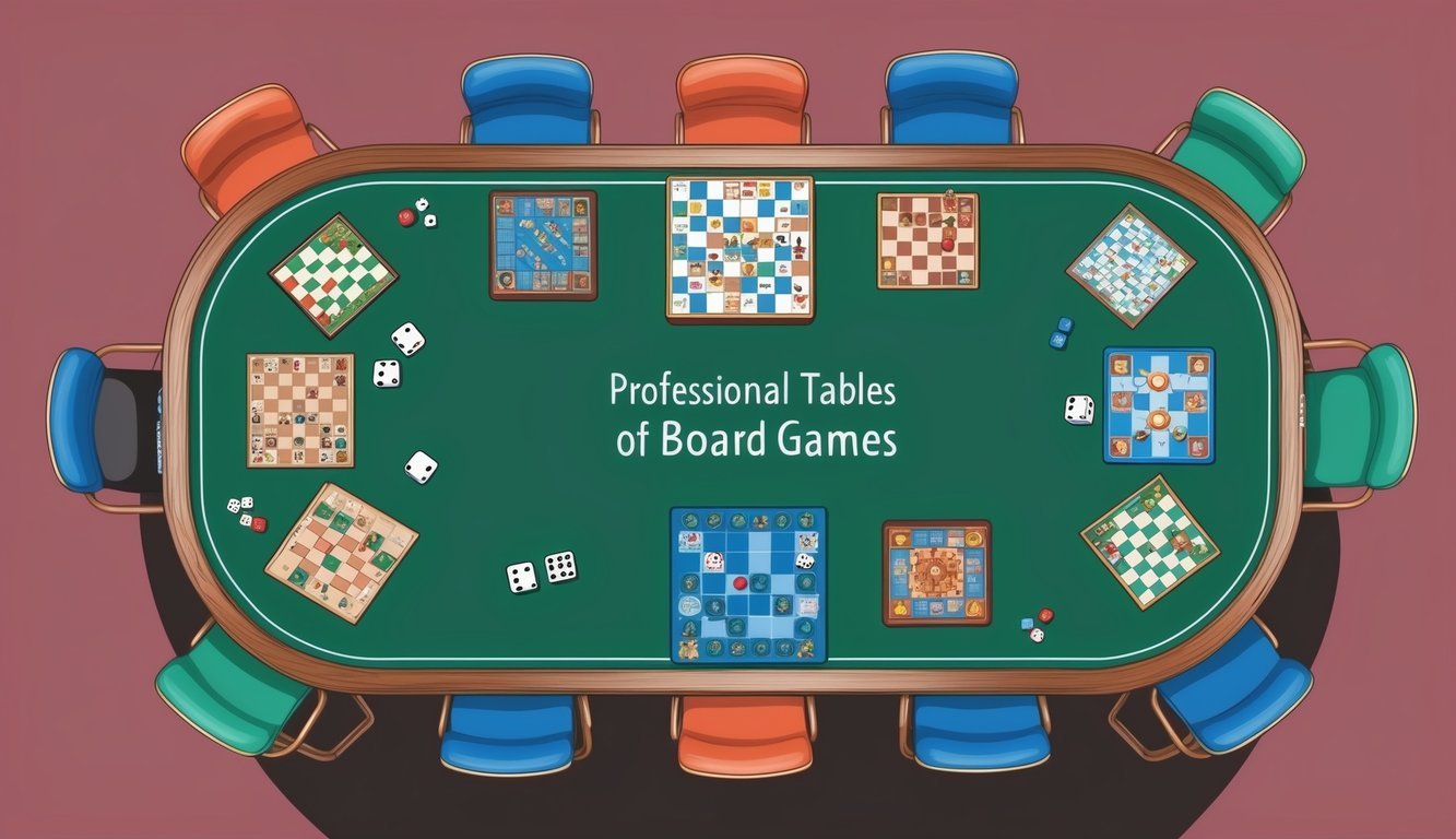 Overhead view of a table with various board games and dice