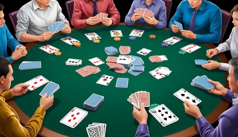 People playing poker around a green table with cards and chips