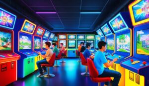 People playing arcade games in a brightly lit, colorful arcade