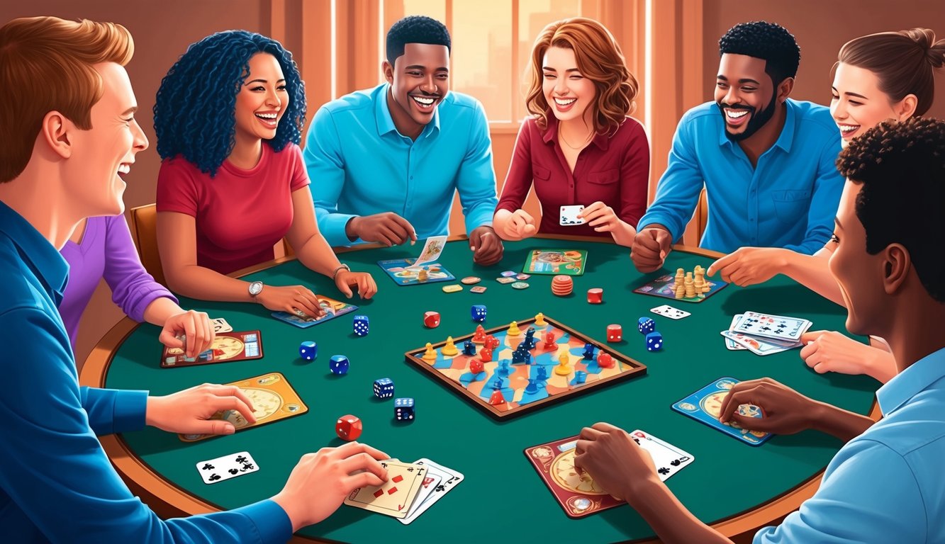 A group of people gathered around a table, laughing and playing various board games.</p><p>Dice, cards, and game pieces scattered across the table