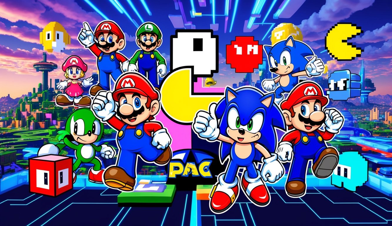 A collection of iconic video game characters and symbols, including Mario, Sonic, Pac-Man, and more, set against a vibrant background of pixelated landscapes and futuristic cityscapes