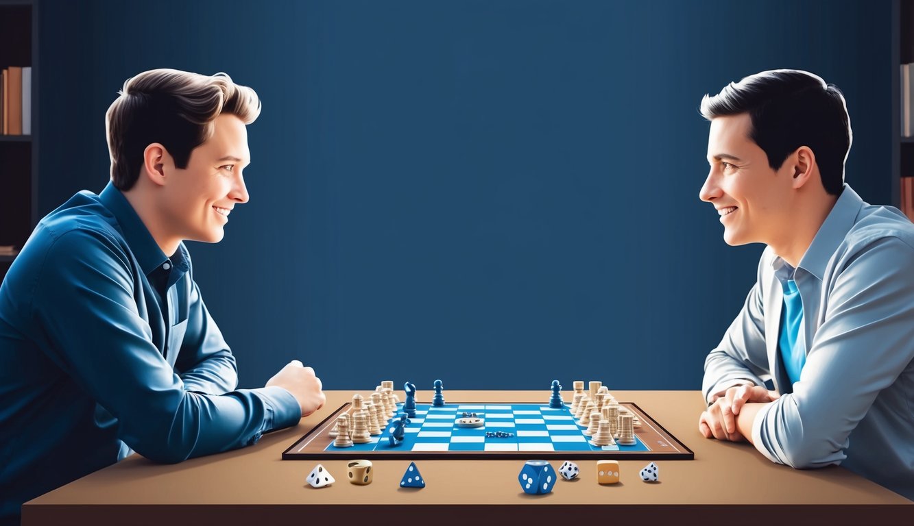 Two players sitting across from each other at a table, engaged in a board game.</p><p>The game board, pieces, and dice are visible on the table