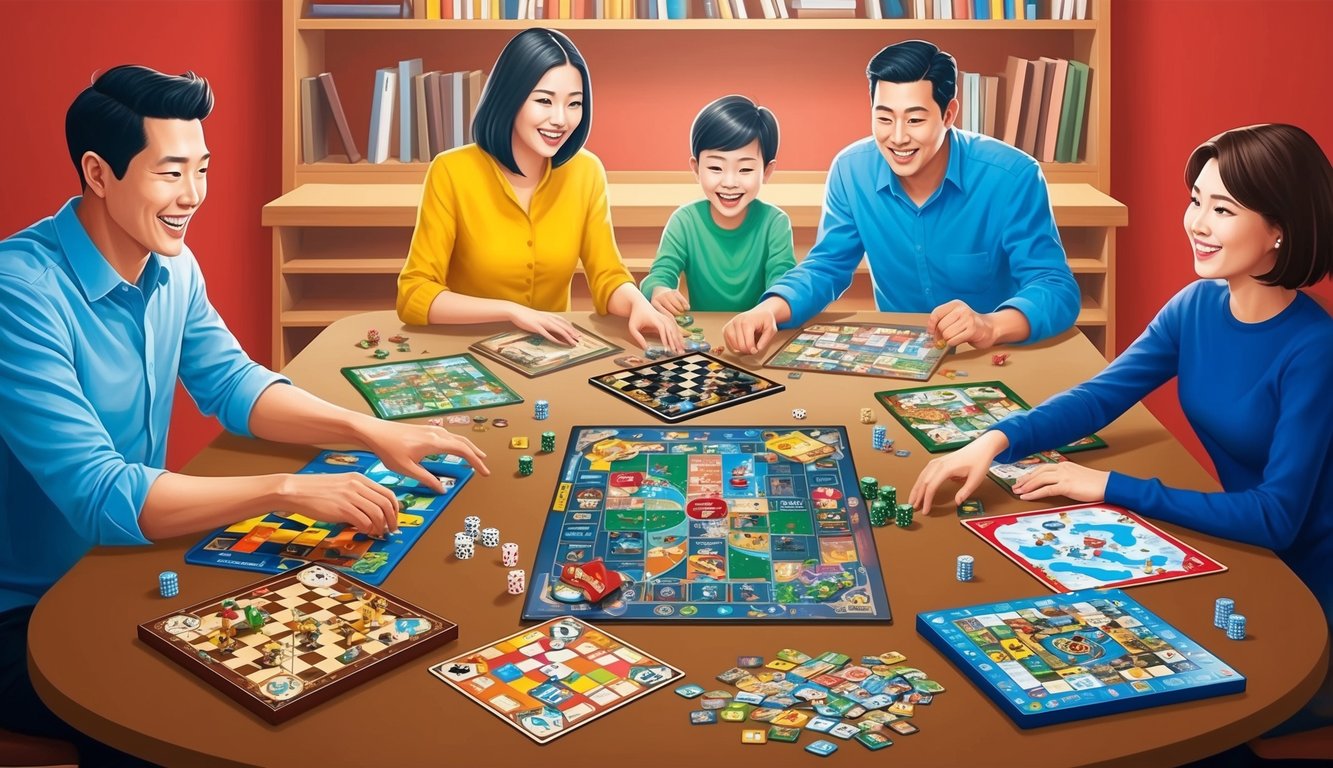 A table with various board games scattered across it, surrounded by a family of four eagerly choosing which game to play