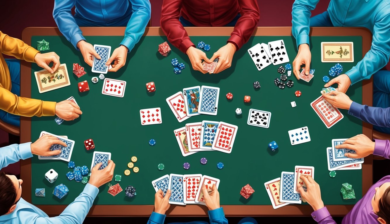 A table with scattered cards, dice, and game pieces, surrounded by players engaged in various board and card games