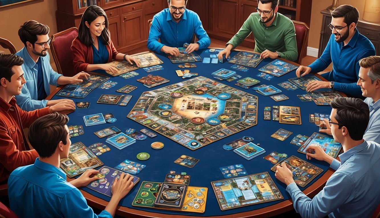 A table covered in award-winning and critically acclaimed board games, surrounded by players engaged in intense gameplay