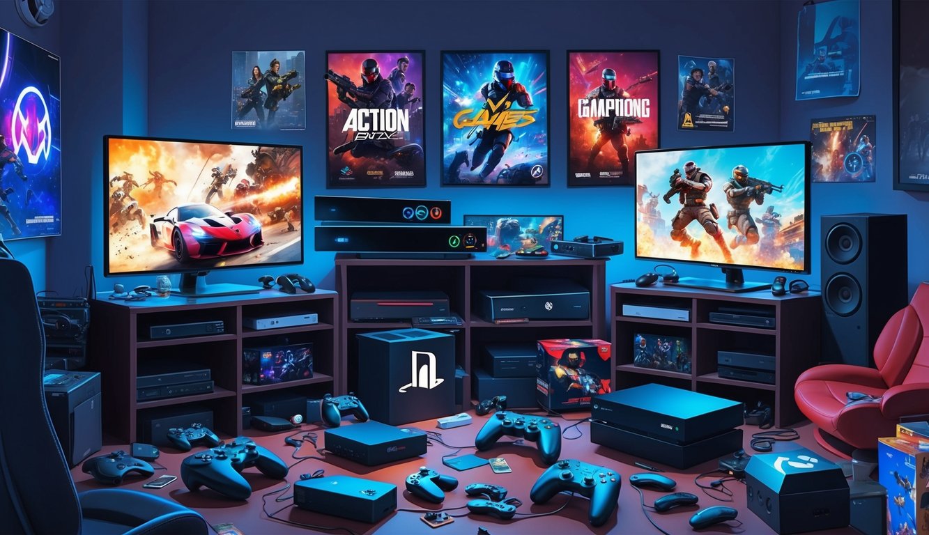 A cluttered room with gaming consoles, controllers, and posters.</p><p>Screens display action-packed video games, while gaming merchandise is scattered around