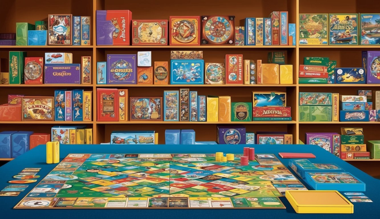 A table covered in colorful board games, surrounded by shelves filled with various game boxes and pieces