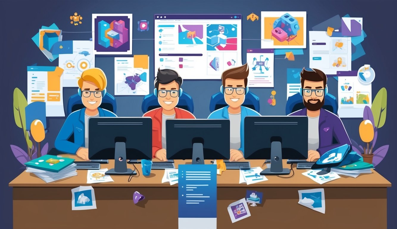 A group of game developers sitting at their computers, surrounded by concept art and game design documents, brainstorming and creating a new video game