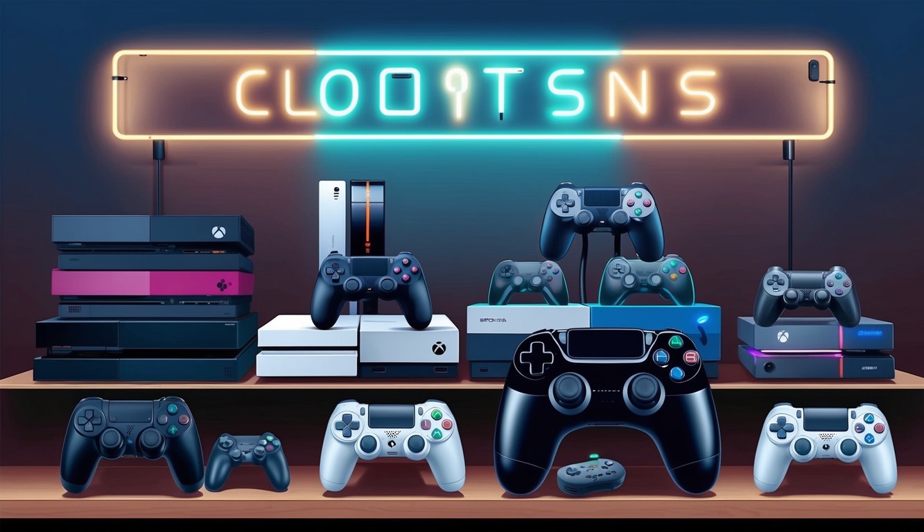A collection of video game consoles and controllers arranged on a shelf, with a glowing neon sign in the background