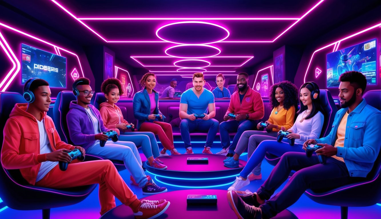 A group of diverse characters playing video games in a futuristic, neon-lit gaming lounge