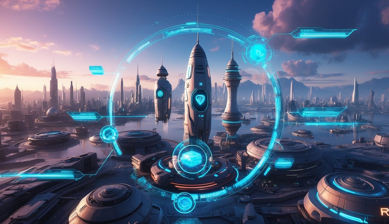 A futuristic cityscape with holographic gaming interfaces and immersive virtual reality environments