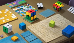 Puzzles and Rubik's cubes on a table, various colors and sizes