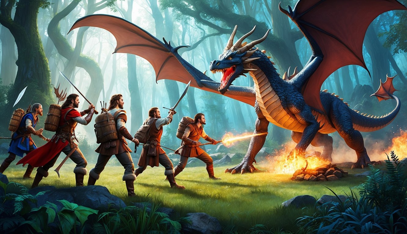 Warriors with swords face a fire-breathing dragon in a forest clearing