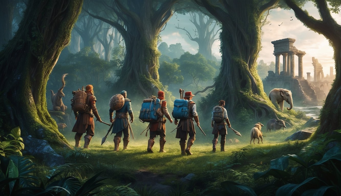 A group of adventurers navigates through a dense, mystical forest, encountering magical creatures and ancient ruins in the distance