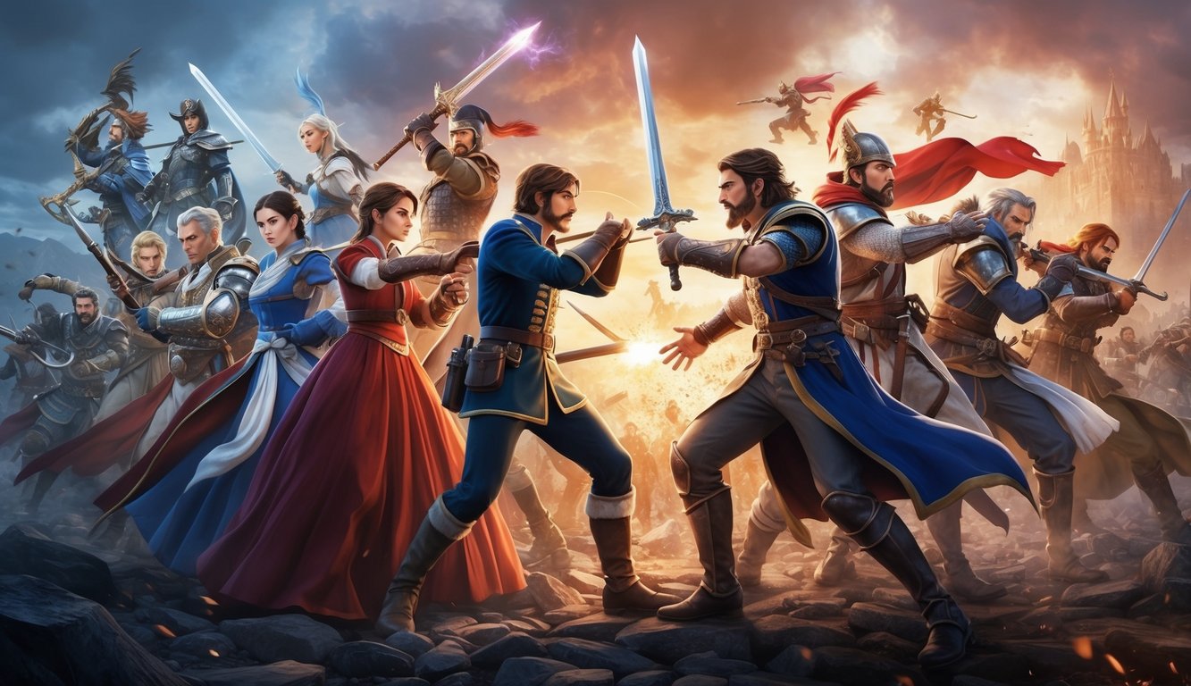 A group of characters from different time periods and settings engaging in a battle, showcasing the evolution of RPGs