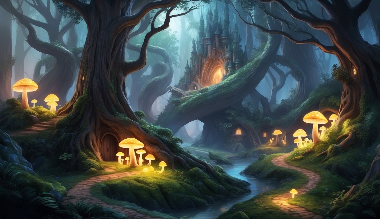 A mystical forest with towering ancient trees, glowing mushrooms, and a dragon's lair hidden among the twisting paths