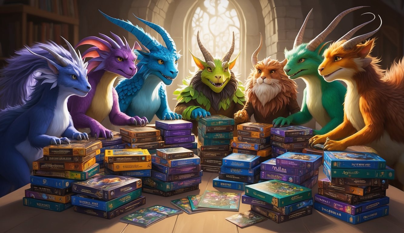 A group of fantastical creatures gather around a table, surrounded by stacks of colorful game boxes and rulebooks, eagerly anticipating the release of new RPGs