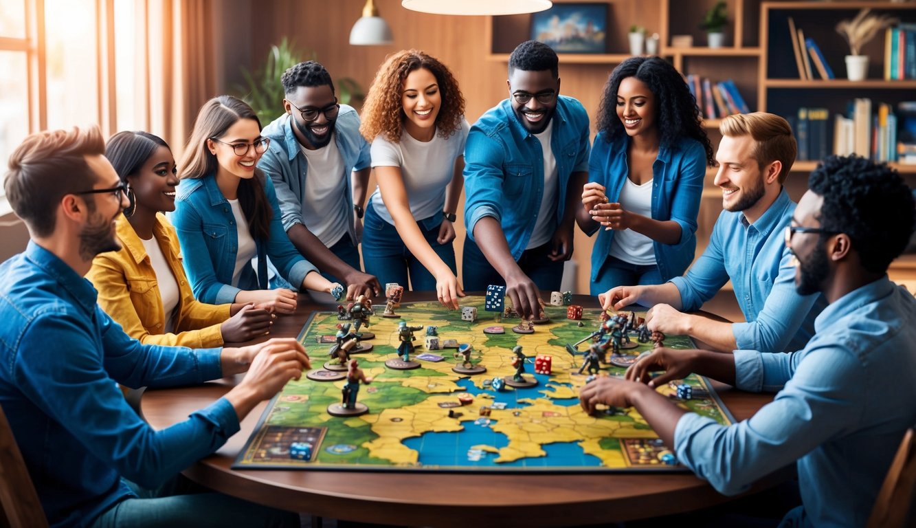 A group of diverse characters gather around a table, rolling dice and moving miniatures on a detailed game board.</p><p>The room is filled with excitement and laughter as they immerse themselves in the fantasy world of RPGs
