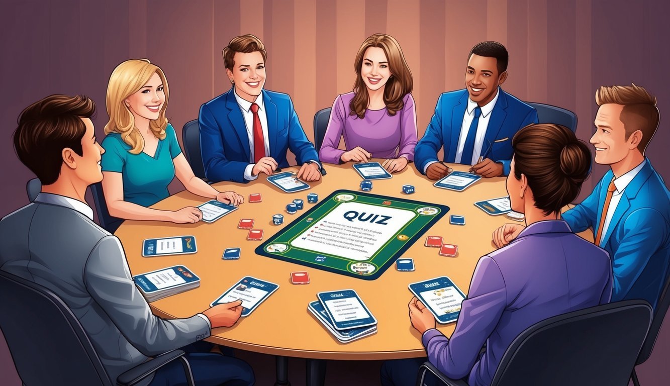 Group of people playing a quiz game around a table, smiling