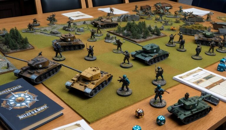 Miniature tanks and soldiers on a tabletop war game with dice and rulebook