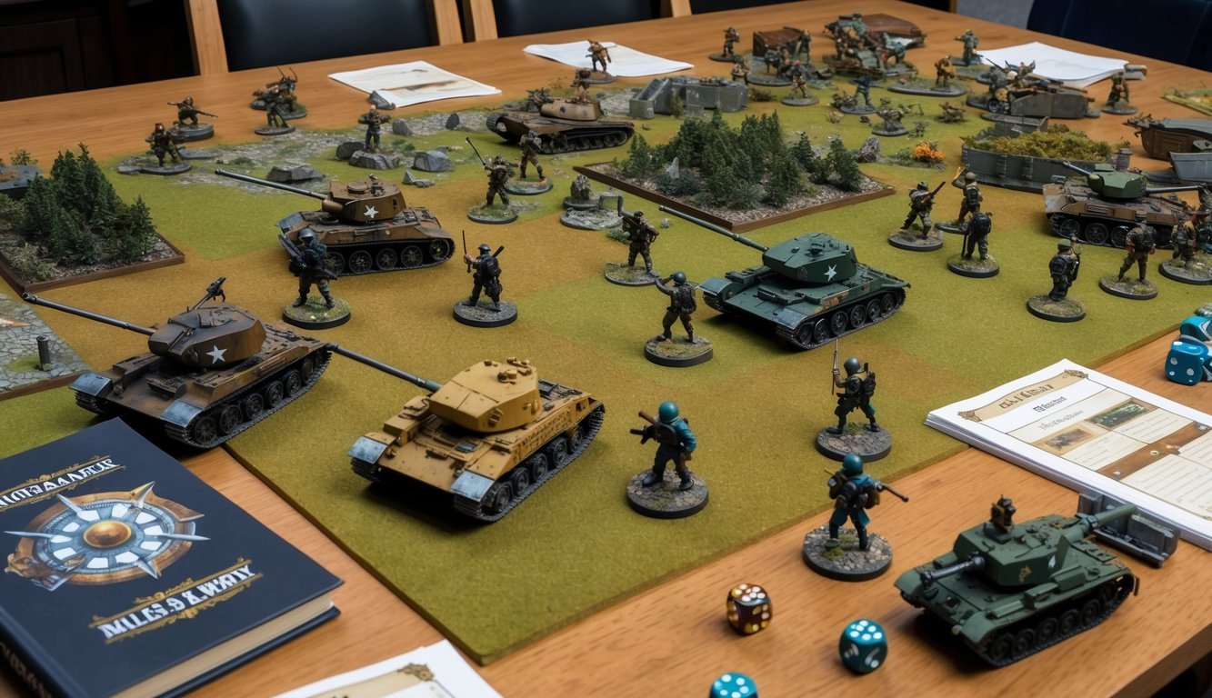 Miniature tanks and soldiers on a tabletop war game with dice and rulebook