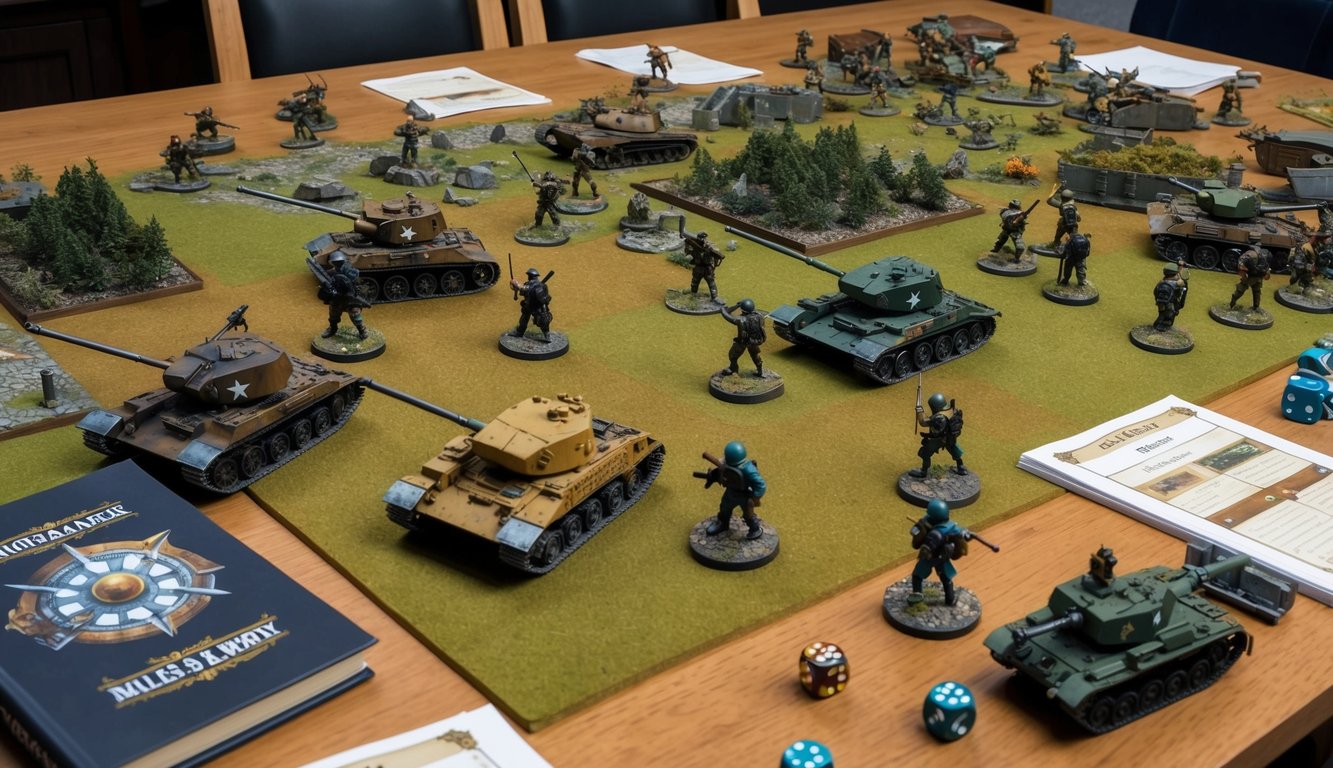 A table covered in miniature soldiers, tanks, and terrain for a war game.</p><p>Dice and rule books scattered around