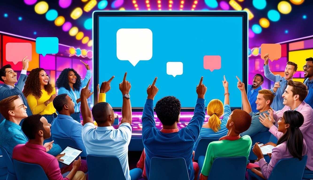 A group of diverse people eagerly answering questions on a large screen, surrounded by colorful game show lights and a buzzing atmosphere
