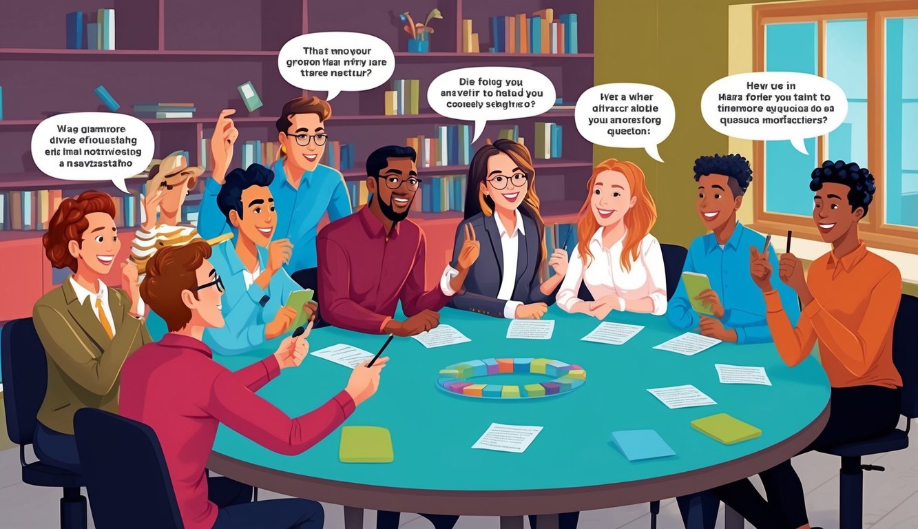 A group of diverse players gathered around a table, eagerly answering questions in a lively trivia game setting