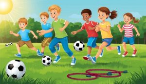 Children playing soccer in a park on a sunny day, with a jump rope