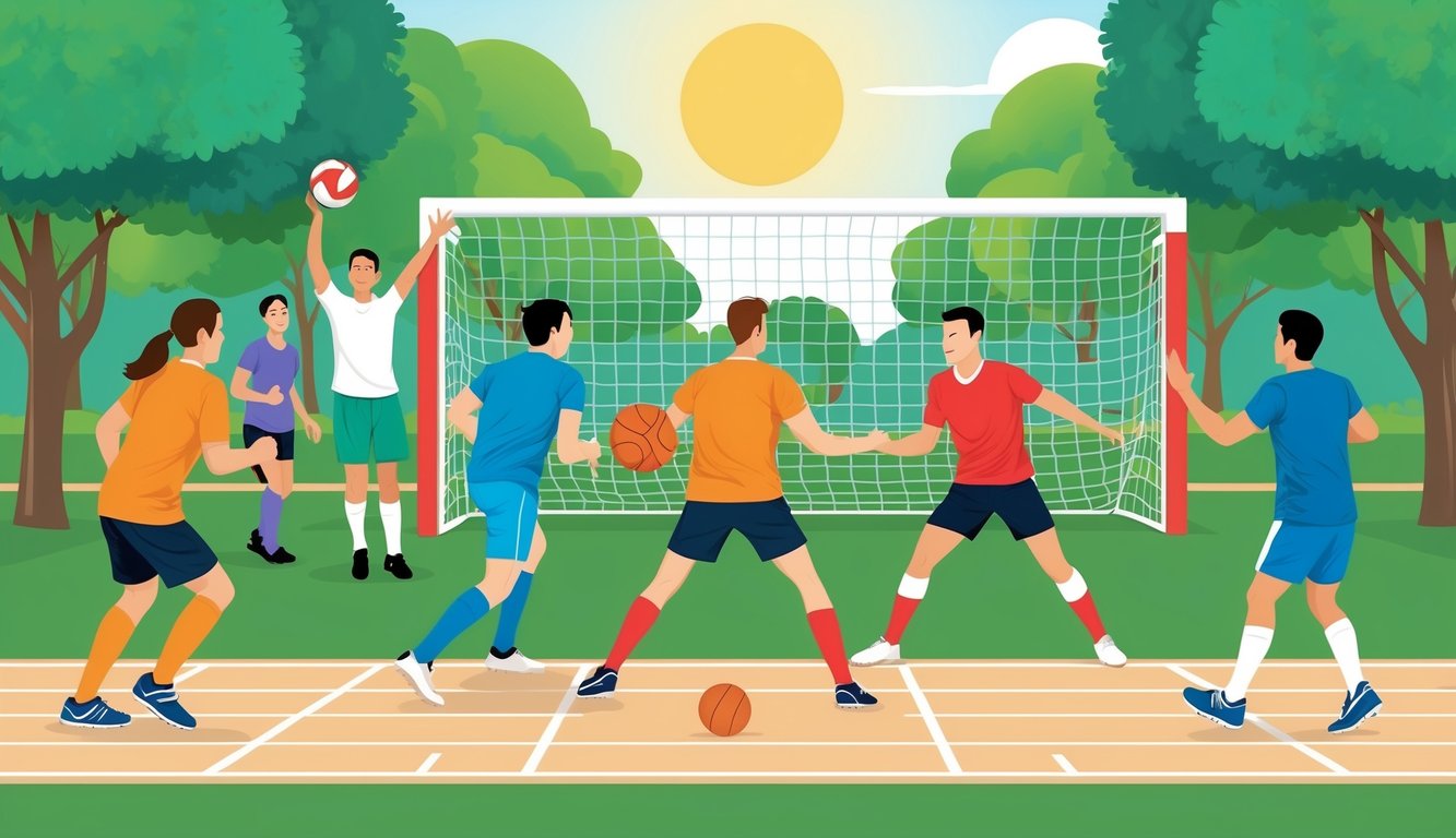 A group of people playing soccer, basketball, and volleyball in a park on a sunny day