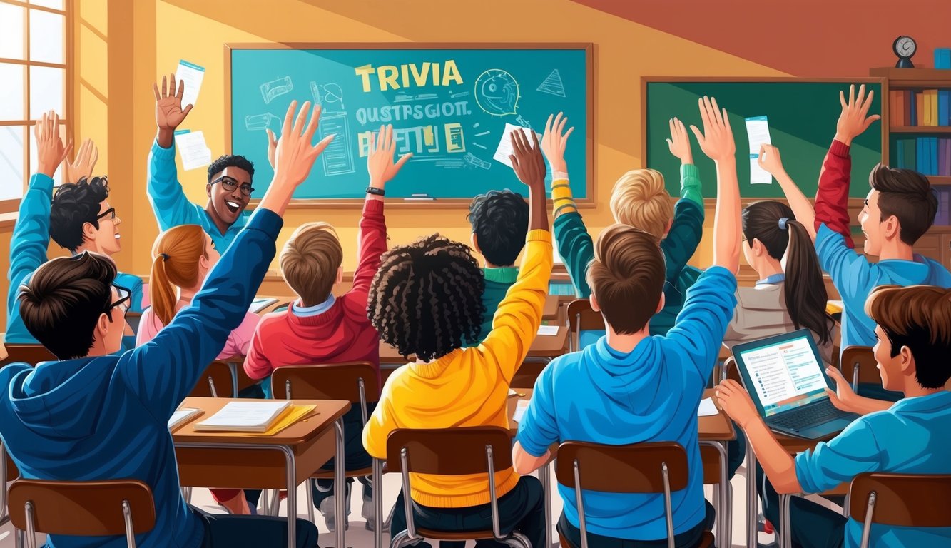 A group of students eagerly raise their hands to answer questions during a lively trivia game in a classroom setting