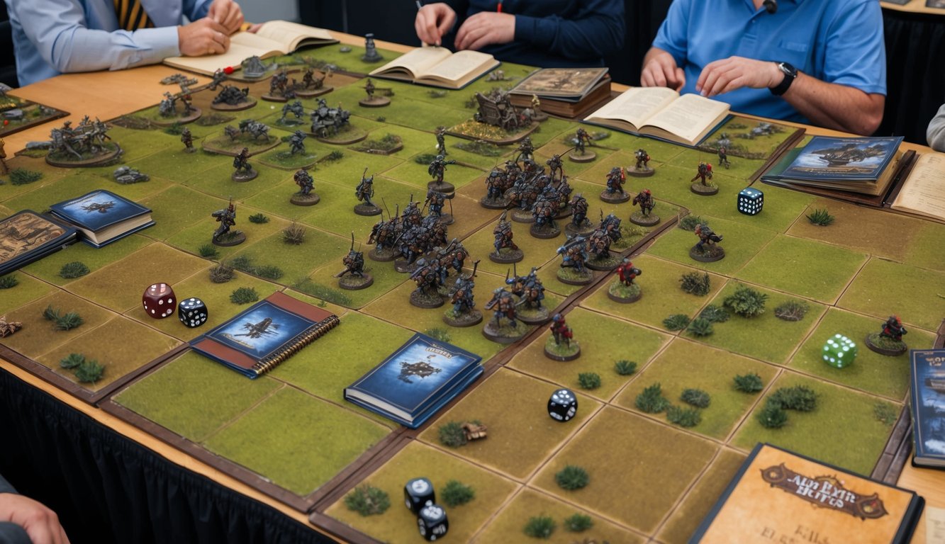 A table covered in miniatures, dice, and rulebooks.</p><p>Players engage in a war game, moving pieces strategically across the terrain