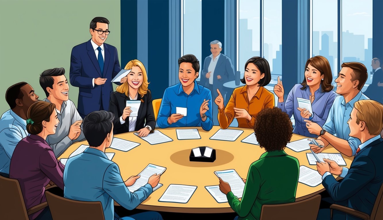 A group of people gather around a table, answering questions and competing in a lively trivia event.</p><p>A host stands at the front, reading out the next question to the eager participants