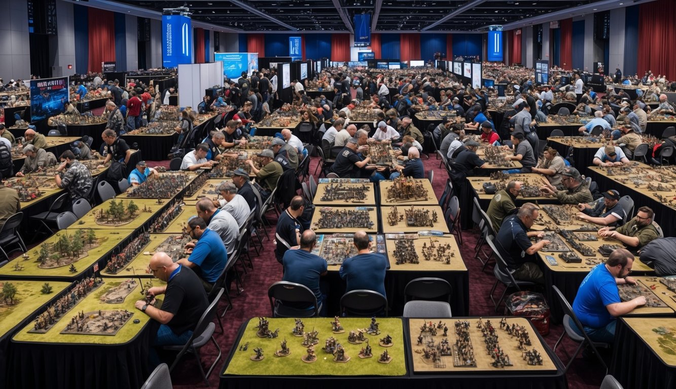 A bustling convention hall filled with tables of intricate miniatures and intense war game competitions