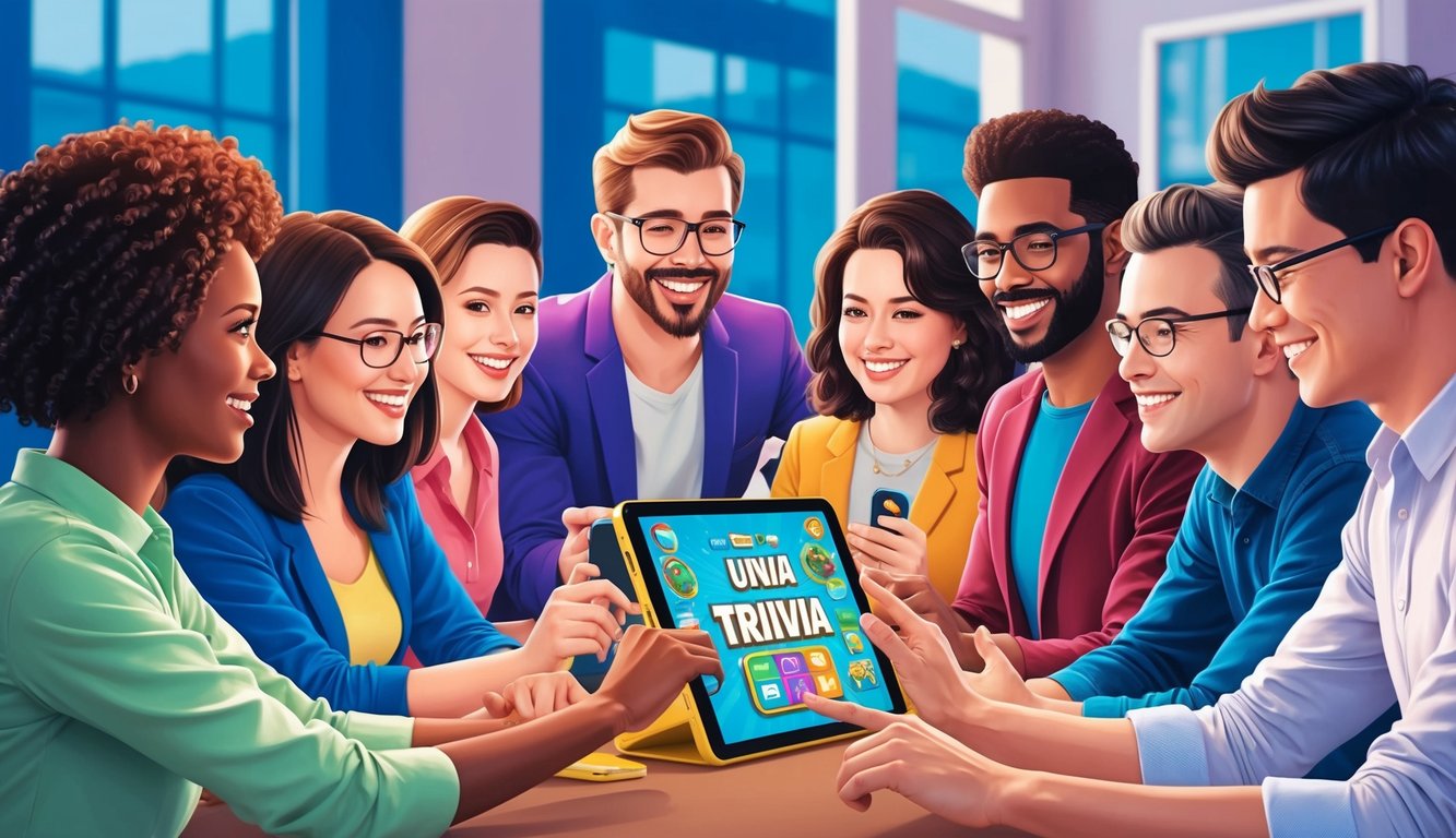 A group of people gathered around a digital device, engaging in a lively trivia game with colorful graphics and interactive features