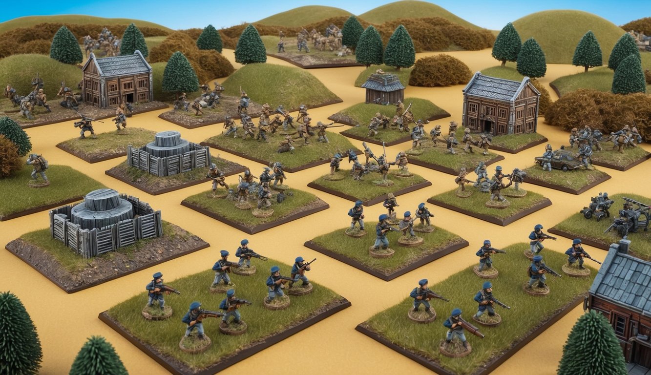 A battlefield with miniature soldiers in various combat positions, surrounded by terrain features like trees, buildings, and hills