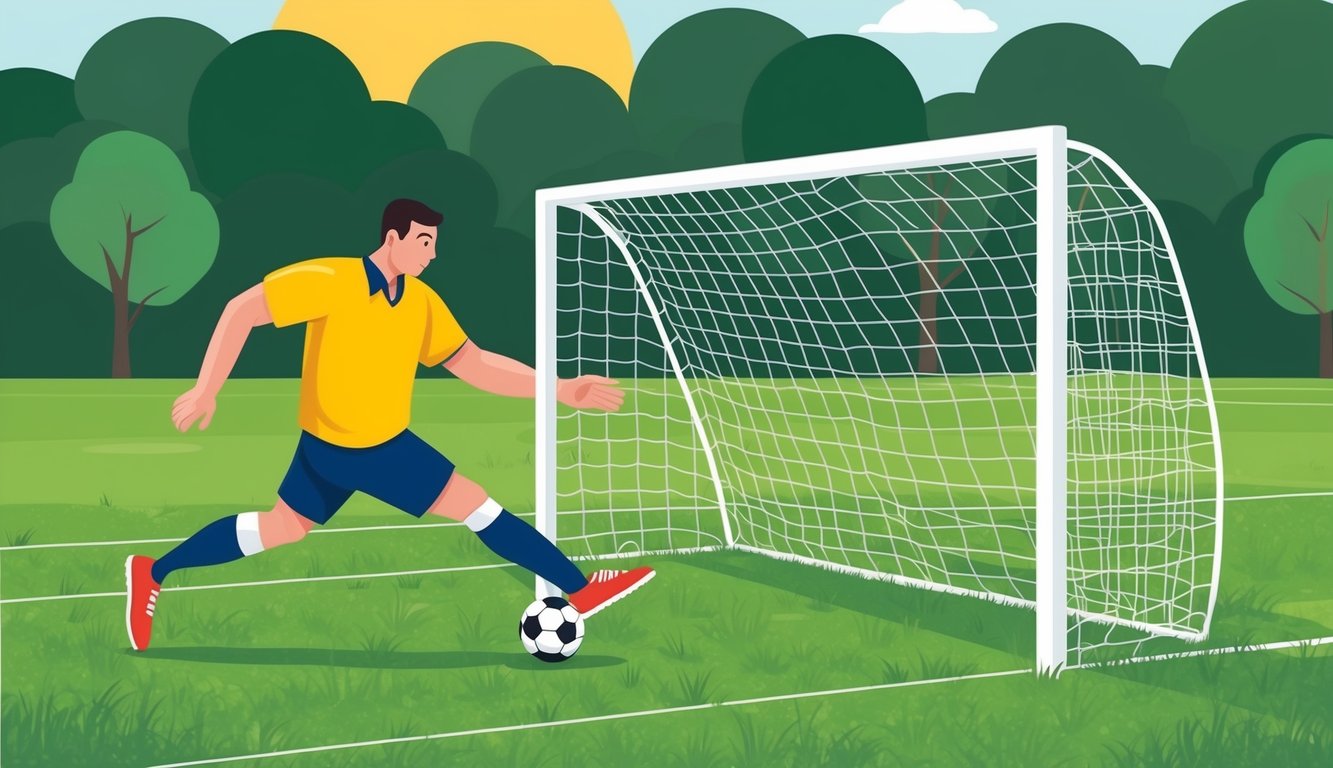 A person is playing soccer alone in a grassy field, kicking a ball towards a makeshift goal.</p><p>The sun is shining, and trees are in the background