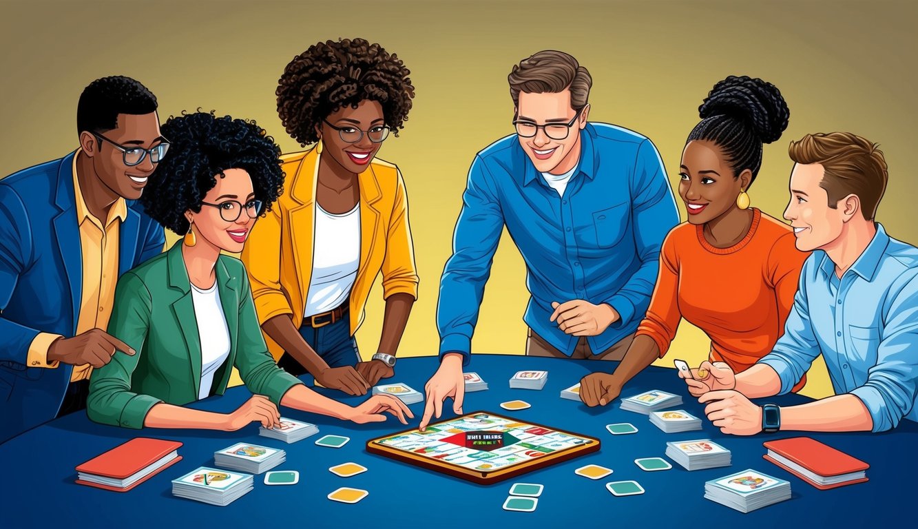 A group of diverse individuals strategizing and discussing tips for a trivia game, surrounded by question cards and game pieces
