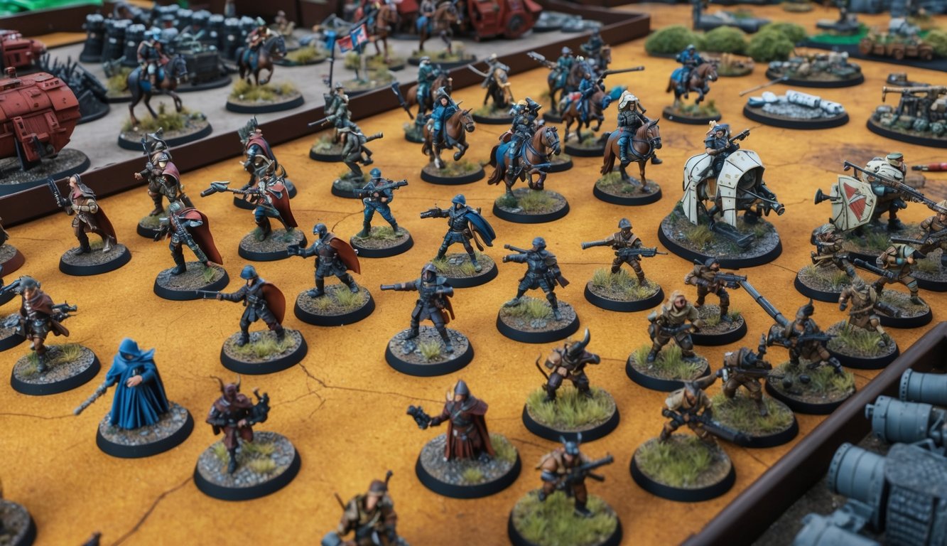 A tabletop filled with miniature figures representing diverse genres and themes for war games