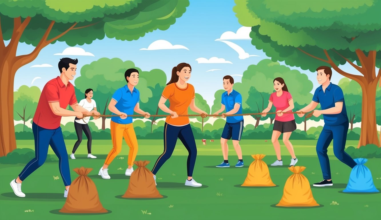 A group of people playing outdoor games like tug-of-war and sack races in a park on a sunny day